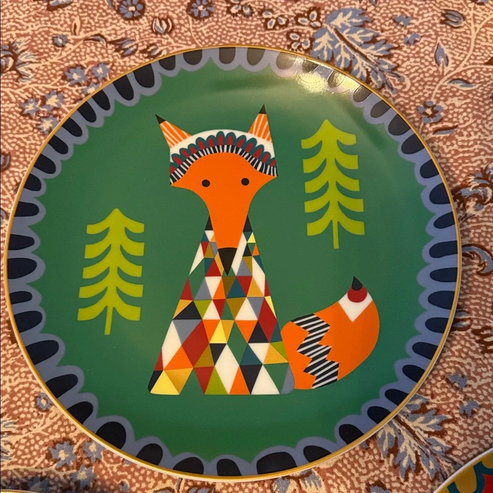 West Elm Animal Celebration Plates Set 3 Christmas Holiday 9” porcelain lama fox